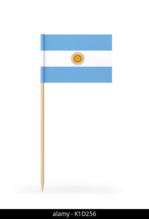 Kleinen argentinischen Flagge auf einem Zahnstocher. Die Flagge hat freundlich ausführlichen Papier Textur. Hochwertige 3D-Render. Auf weissem Hintergrund. Stockfoto
