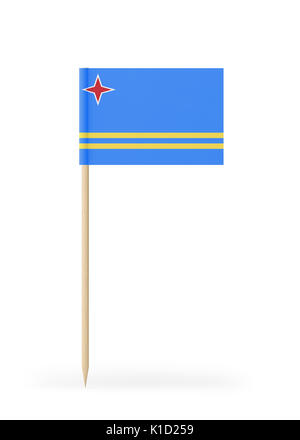 Kleine Aruba Flagge auf einem Zahnstocher. Die Flagge hat freundlich ausführlichen Papier Textur. Hochwertige 3D-Render. Auf weissem Hintergrund. Stockfoto