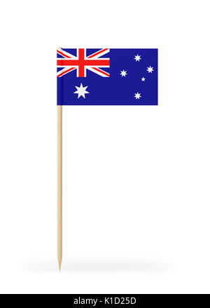 Kleine Australische Flagge auf einem Zahnstocher. Die Flagge hat freundlich ausführlichen Papier Textur. Hochwertige 3D-Render. Auf weissem Hintergrund. 3D-Rendering. Stockfoto