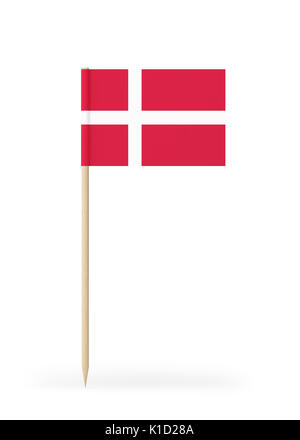 Kleine Dänemark Flagge auf einem Zahnstocher. Die Flagge hat freundlich ausführlichen Papier Textur. Hochwertige 3D-Render. Auf weissem Hintergrund. Stockfoto