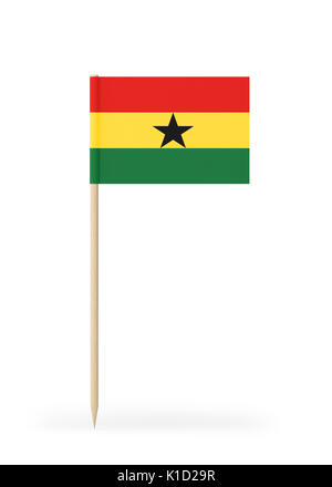 Kleine Ghana Flagge auf einem Zahnstocher. Die Flagge hat freundlich ausführlichen Papier Textur. Hochwertige 3D-Render. Auf weissem Hintergrund. 3D-Rendering. Stockfoto