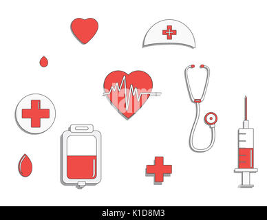 Medizin Konzept. Blut spenden und Leben retten. Spende geben Liebe. ullustration Sticker Set. Pack von Icons für Design. Weltblutspendetag. Internati Stockfoto