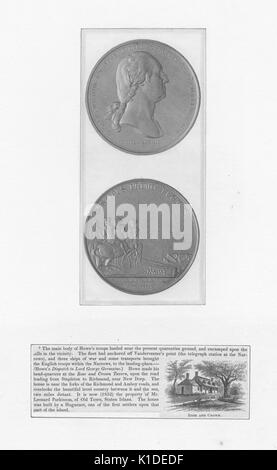 Medaille für die George Washington führen Sieg in Boston am 17. März 1776 zu gedenken, die Vorderseite ist George Washington Portrait, Rückseite ist Washington und seine vier Kommandanten auf dem Pferderücken in Dorchester Höhen, Bild auch unabhängigen historischen Text, 1800. Von der New York Public Library. Stockfoto