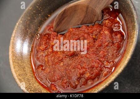 Sambal Oelek Terasi, die beliebte Javanischen Gewürz Chili und fermentierten Garnelen Paste Stockfoto