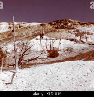 Ein paar steht an einem Aussichtspunkt auf einem Wanderweg an der Mammoth Hot Spring Terrassen, Yellowstone National Park, Wyoming, 1975. Stockfoto