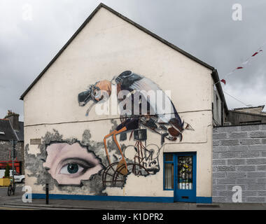 Galway, Irland - August 3, 2017: Fassade des Hauses verfügt über einen Modern Style cartoonish dreidimensionales Bild von großen Geier mit menschlichem Antlitz und Glas Stockfoto