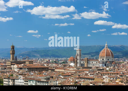 Panoramablick von der Piazzale Michelangelo, dem Stadtbild mit Dom, Duomo Santa Maria del Fiore, der Palazzo Vecchio, Florenz Stockfoto