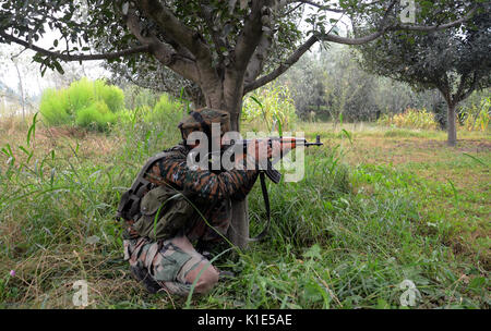 Srinagar, Indien verwalteten Kaschmir: 26. August. Die indische Armee Soldat nimmt Stellung in einem Apple Orchard. Während der Begegnung .3 Sicherheit Personal wurden im Angriff in Jammu und Kaschmir Pulwama südlich von Srinagar getötet, in Pre-dawn Attack, mindestens drei schwer bewaffnete Angreifer stürmte die Polizei Linien, wo Hunderte von Jammu und Kaschmir Polizei und CRPF Personal stationiert sind, sagte die Polizei. Credit: Sofi Suhail/Alamy leben Nachrichten Stockfoto