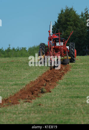 DUNDAS, PRINCE EDWARD ISLAND, Kanada - 25 August: Wettbewerber mit amtique Traktoren am PEI Pflügen und landwirtschaftliche Messe am 25. August 201 Pflug Stockfoto