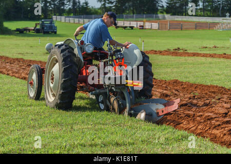 DUNDAS, PRINCE EDWARD ISLAND, Kanada - 25 August: Wettbewerber mit amtique Traktoren am PEI Pflügen und landwirtschaftliche Messe am 25. August 201 Pflug Stockfoto