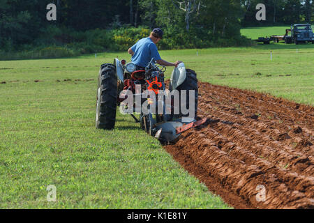 DUNDAS, PRINCE EDWARD ISLAND, Kanada - 25 August: Wettbewerber mit amtique Traktoren am PEI Pflügen und landwirtschaftliche Messe am 25. August 201 Pflug Stockfoto