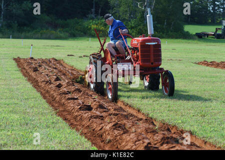 DUNDAS, PRINCE EDWARD ISLAND, Kanada - 25 August: Wettbewerber mit amtique Traktoren am PEI Pflügen und landwirtschaftliche Messe am 25. August 201 Pflug Stockfoto