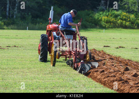 DUNDAS, PRINCE EDWARD ISLAND, Kanada - 25 August: Wettbewerber mit amtique Traktoren am PEI Pflügen und landwirtschaftliche Messe am 25. August 201 Pflug Stockfoto