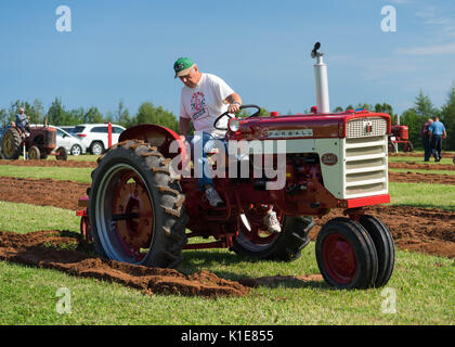 DUNDAS, PRINCE EDWARD ISLAND, Kanada - 25 August: Wettbewerber mit amtique Traktoren am PEI Pflügen und landwirtschaftliche Messe am 25. August 201 Pflug Stockfoto