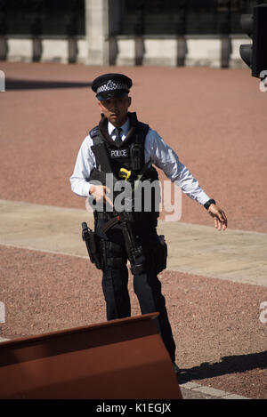 London, Großbritannien. 27 Aug, 2017. Erhöhte Sicherheit am Buckingham Palace am Samstag und Sonntag nach dem versuchten Terroranschlag onFriday 25. August. Touristen auf die Voraussicht der bewaffneten Polizei bei der Polizei gesehen und am Buckingham Palace Credit fühlte: Ben Smith/Alamy leben Nachrichten Stockfoto