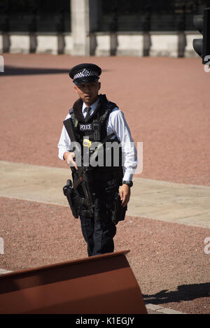 London, Großbritannien. 27 Aug, 2017. Erhöhte Sicherheit am Buckingham Palace am Samstag und Sonntag nach dem versuchten Terroranschlag onFriday 25. August. Touristen auf die Voraussicht der bewaffneten Polizei bei der Polizei gesehen und am Buckingham Palace Credit fühlte: Ben Smith/Alamy leben Nachrichten Stockfoto