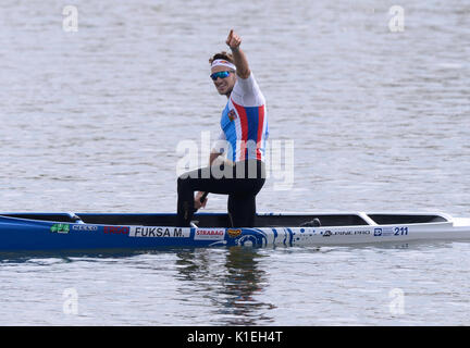 Racice, Tschechische Republik. 27 Aug, 2017. Martin Fuksa der Tschechischen gewann ICF Canoe Sprint Welt 2017 Meisterschaften C1 Männer 500m Finale in Racice, Tschechien, am 27. August 2017. Credit: Katerina Sulova/CTK Photo/Alamy leben Nachrichten Stockfoto