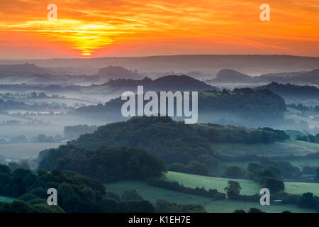 Bridport, Dorset, Großbritannien. 28. August 2017. UK Wetter. Eine spektakuläre Sommer Sonnenaufgang mit leichten Nebel in den Tälern rund um die Hügel von Bridport in Dorset. Foto: Graham Jagd-/Alamy leben Nachrichten Stockfoto