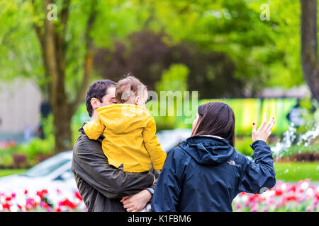 Quebec City, Kanada - 30. Mai 2017: Tulip Blumen und großen Brunnen im Sommer durch Kreisverkehr auf der Avenue Honore Mercier mit ein paar Spielen mit Daughte Stockfoto