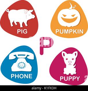 Alphabet in Vektor. P Buchstabe für Schwein, Kürbis, Telefon und Puppi Stock Vektor