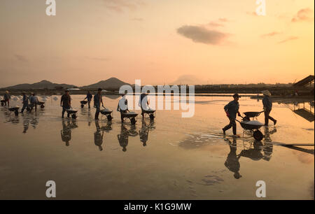 Ninh Hoa, Vietnam - Mar 21, 2016. Menschen mit konischen hat Salz Ernte bei Sonnenaufgang in Ninh Hoa, Vietnam. Ninh Hoa gilt als eines der größten s Stockfoto