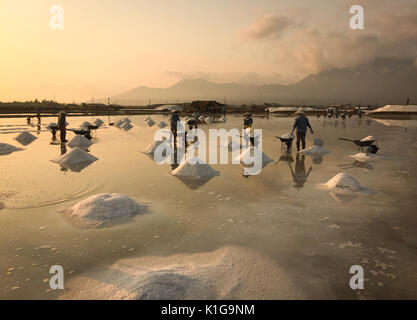 Menschen mit konischen hat Salz Ernte bei Sonnenaufgang in Ninh Hoa, Vietnam. Ninh Hoa gilt als eines der größten Salz Felder im ganzen Land. Stockfoto