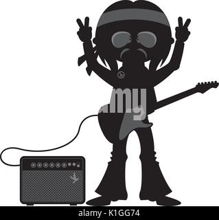 Cute Cartoon Flower Power Hippie Gitarrist in Silhouette Stock Vektor