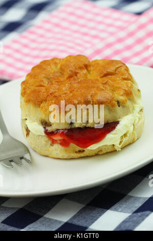 Traditionelle englische Scone mit Erdbeermarmelade und frische Sahne auf weiße Platte, Nahaufnahme Stockfoto