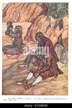 Eine Seite von der Spanischen Version von Robinson Crusoe (1925) "aventuras de Robinson' (Daniel Defoe) angepasst durch Gaziel. (Augusti Calvet Pascual)-la (Abbildungen in Farbe von Serra Masana. Stockfoto