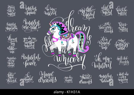 Satz mit 25 handschriftliche Beschriftung Beschriftung über Unicorn magic Stock Vektor