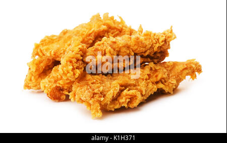 Stücke von knusprig paniert Fried Chicken Nuggets, isoliert auf weißem Hintergrund Stockfoto