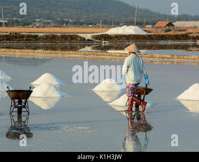 Eine Frau Salz Ernte bei Sonnenaufgang in Ninh Hoa, Vietnam. Ninh Hoa gilt als eines der größten Salz Felder im ganzen Land. Stockfoto