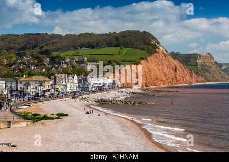 Sidmouth ist ein beliebter viktorianischen Badeort an der Jurassic Coast von aufragenden roten Sandsteinfelsen flankiert, Devon, England, Großbritannien Stockfoto