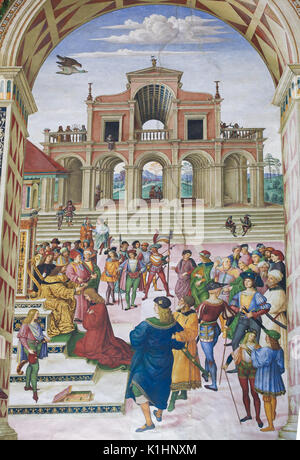 Fresko (1502) in Piccolomini Bibliothek in der Kathedrale von Siena, Toskana, Italien, von Pinturicchio, Enea Silvio Piccolomini gekrönt Hofdichter von empe Stockfoto