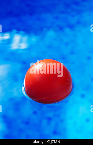 Rote Kugel schwimmend in klaren, blauen Schwimmbadwasser, Spielzeug im Pool für Sommer-Aktivität und Erholung Stockfoto