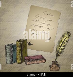 Gänsedaunen, elegante Altmodische dekorative Tintenfass, altes Papier mit Inschrift. Vintage Hintergrund. Hand vector gezeichnet Stock Vektor