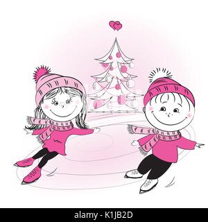 Happy Family Skating und Xmas Tree. Abbildung Eislaufen. Wintersport. Junge und Mädchen skaten. Frohes neues Jahr. Frohe Weihnachten. Stock Vektor