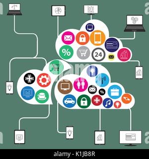 Konzeptionelle Bild von Cloud App, Verbindung zwischen Gadgets, Icons, Netzwerke. Flachbild Vector Illustration. Stock Vektor