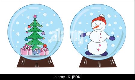 Souvenir Schneemann und Weihnachtsbaum in einer Schneekugel, Vector Illustration Stock Vektor
