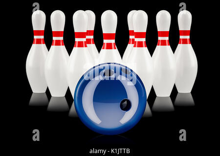 Bowling Konzept, 3D-Rendering auf schwarzem Hintergrund Stockfoto