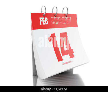 3D-Darstellung. Tag Kalender mit Datum 14. Februar 2017. Valentines Konzept. Isoliert weißer Hintergrund Stockfoto