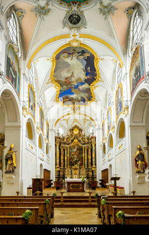 Mit Kanzel und Chor Kirchenschiff, die Basilika des Heiligen Kreuzes, Kreuzgang, Benediktinerabtei Scheyern, Landkreis Pfaffenhofen an der Ilm Stockfoto