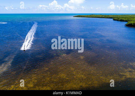 Florida, Florida Keys, Upper, Key Largo, Wasser im Atlantischen Ozean, Waterfront, Long Point, Jet Ski Wave Runner, Luftaufnahme aus der Vogelperspektive oben, Besucher tra Stockfoto