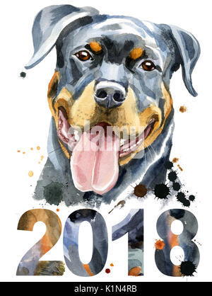 Süßer Hund. T-shirt Grafiken. Aquarell Rottweiler. Symbol für das Jahr 2018 Stockfoto