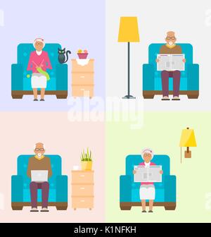 Freizeitaktivitäten für Rentner, Zeitung Lesen, Stricken, mit Internet. Home Interior Hintergrund Stock Vektor