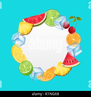 Runde Obst Rahmen mit Eiswürfel, Ananas, Wassermelone, Kirsche, Orange, Stock Vektor