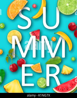 Sommer Banner mit Ananas, Melone, Banane, Kirsche, Orange, Zitrone, Limette Stock Vektor