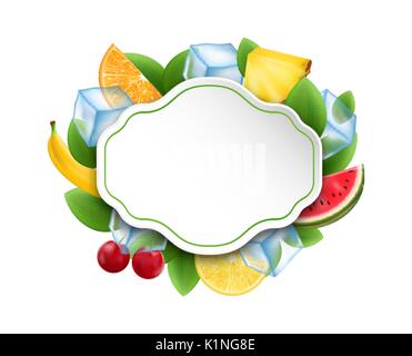 Essen sauber Karte mit Früchten und Beeren, Eiswürfel Stock Vektor
