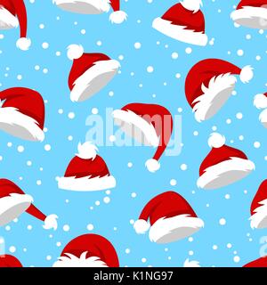 Nahtlose Muster mit Nikolausmützen und Schnee auf blauem Hintergrund Stock Vektor