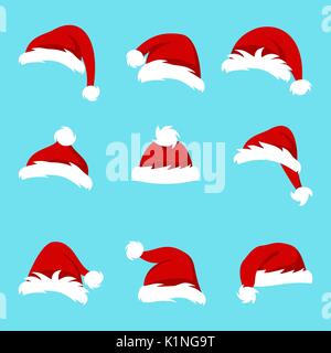 Set Santa Hüte isoliert auf blauem Hintergrund, Kollektion verschiedene Weihnachten Caps Stock Vektor